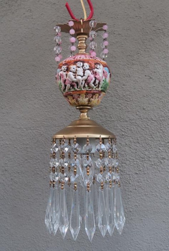 1 Vintage Brass Tole Swag Crystal Lamp Chandelier… - image 2