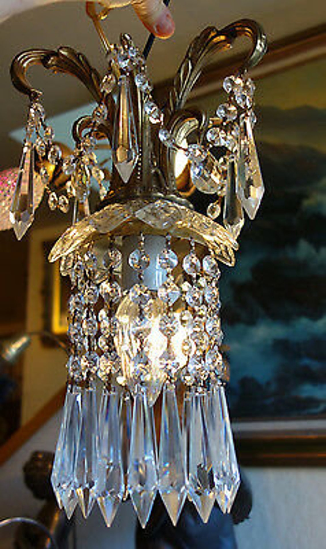 1 Lamp Crystal Chandelier Vintage Swag Hanging Brass Glass Etsy