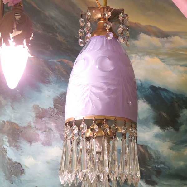 Vintage lilac Lady cupcake glass crystal Brass SWAG lamp chandelier purple plugin with 9 foot cord