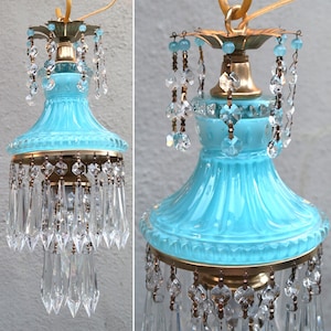 Vintage Ocean Blue Lady cupcake glass crystal Brass SWAG lamp chandelier opaline glass beads