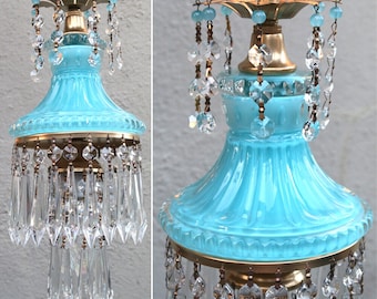 Vintage Ocean Blue Lady cupcake glass crystal Brass SWAG lamp chandelier opaline glass beads
