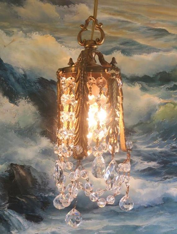 Vintage Brass Bronze Gothic Medieval Era In Swag Lamp Chandelier Crystal Lantern