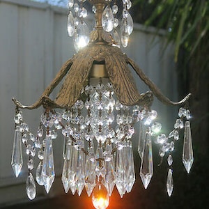 Palm Lamp Leaf Fountain Hanging Swag Brass Spelter Chandelier Crystal Prism