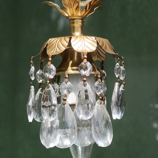 Mini Lamp Chandelier Crystal Prism Brass Tole pendant flower leaf for ceiling with 30" cord