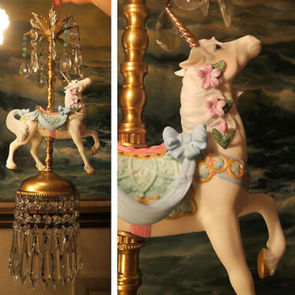 White Porcelain Carousel Unicorn Circus Lamp Ceiling Chandelier Vintage Horse