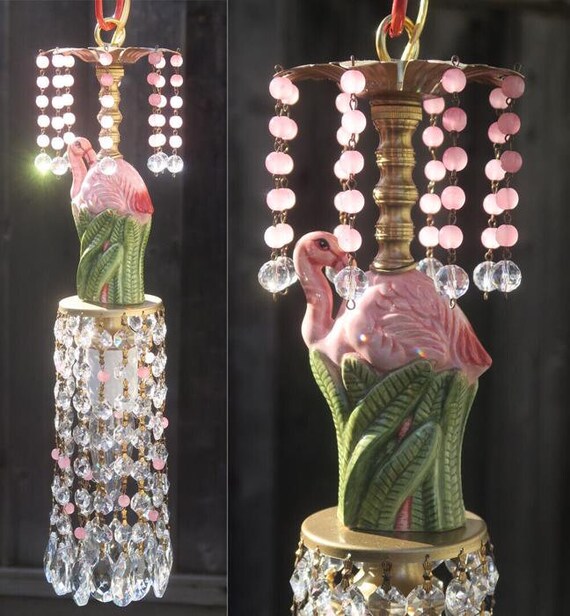 A Mini Swag Vintage Lamp Pink Flamingo Chandelier… - image 1