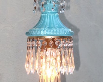 Vintage Swag Lamp Chandelier Blue Lady Cupcake Glass Brass Kitchen Island sparkly Crystal prisms