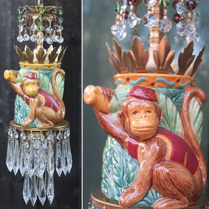 1 Chandelier lamp Monkey Porcelain Brass ceiling vintage canopy crystal prisms beads palm leaf crown