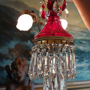 Vintage Ruby Red Lady Cupcake Glass Crystal Brass Swag Lamp Chandelier Lighting