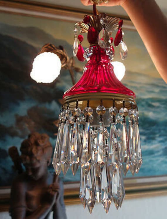 Vintage Ruby Red Lady Cupcake Glass Crystal Brass Swag Lamp