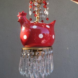 Swag Plugin Lamp Chandelier Porcelain Red polka dot Chicken Brass tole Crystal Kitchen Prism Dining 9 foot cord