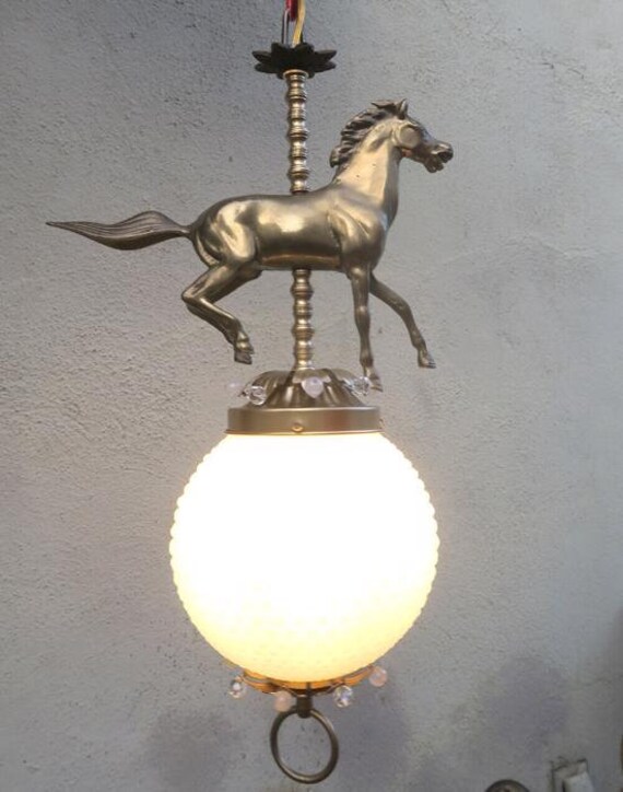 Horse Barn Chandelier Swag Lamp Glass Brass Vinta… - image 3