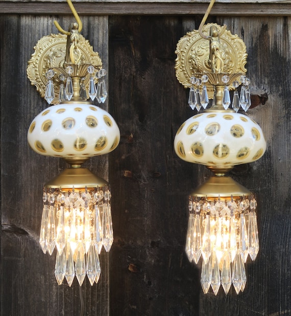 Pair Vintage Fenton Honeysuckle Coin Dot Art Glass Bronze Brass