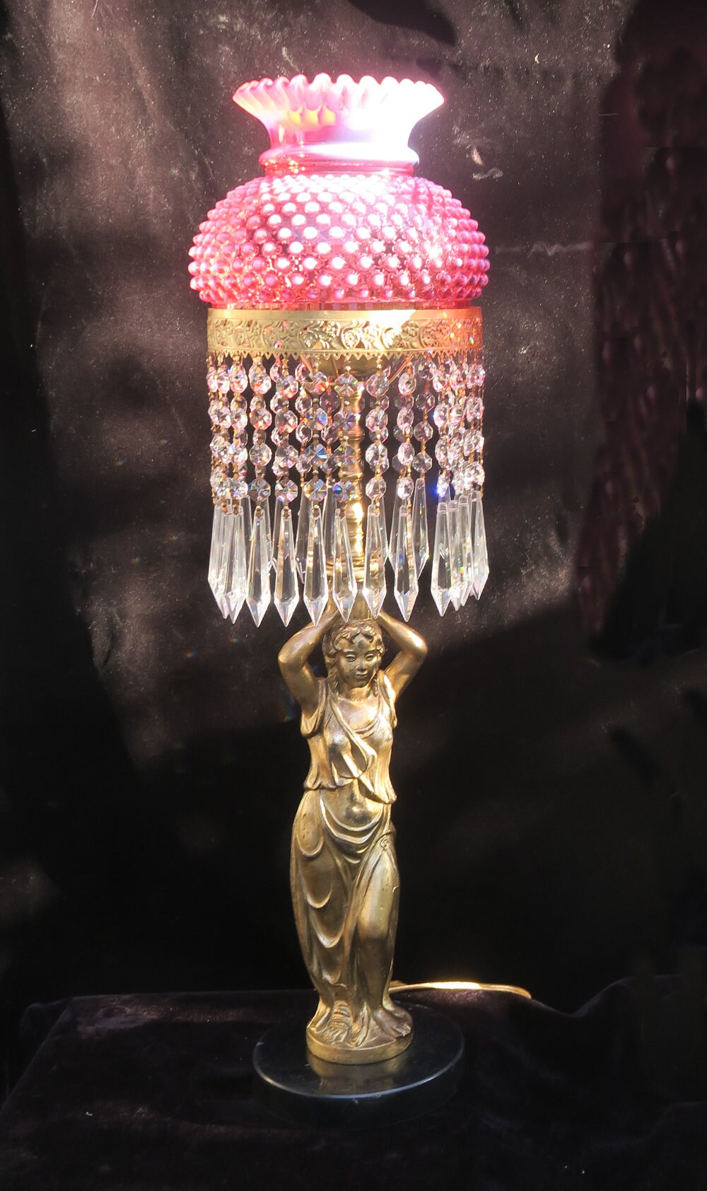 1 Fenton Lamp Vintage Lady Brass Spelter Crystal Prism