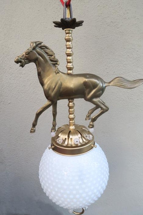 Horse Barn Chandelier Swag Lamp Glass Brass Vinta… - image 5