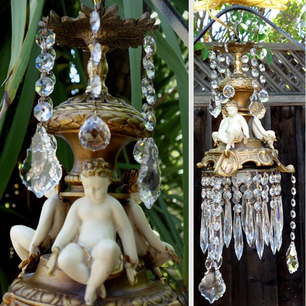 Cherub Chandelier Lamp Vintage Ceiling Shabby Spelter French Crystal Prisms
