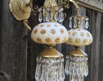 Pair Vintage Fenton Honeysuckle Coin Dot Art Glass Bronze