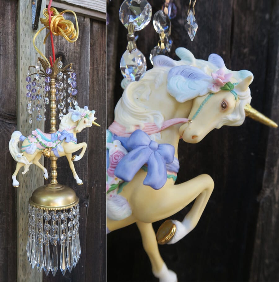 Porcelain Carousel Unicorn Lamp Swag Chandelier Vintage Horse