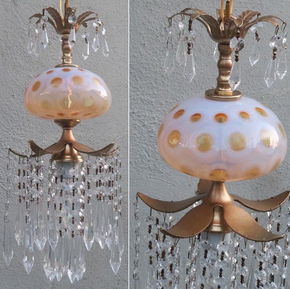 Vintage Ceiling Lamp Chandelier Pineapple Fenton Honeysuckle Crystal Glass Brass