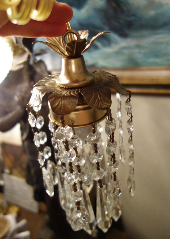 Mini SWAG Plugin Lamp Chandelier Crystal Prism Brass Tole Small