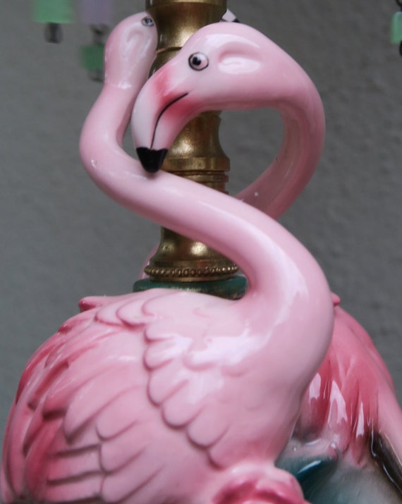 Tropical Pink Flamingo Bird Swag Lamp Chandelier Brass Porcelain