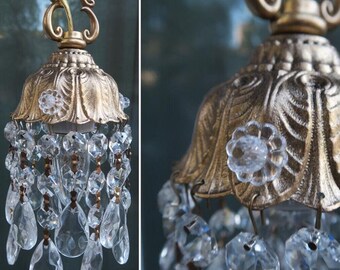 Vintage Deco Era Inspired Lily Brass Swag Lamp Chandelier Crystal Prisms Blossom study nook