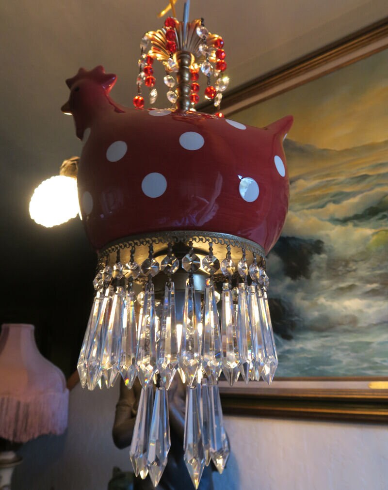 1 Lg porcelana rojo pollo Swag lámpara de latón cristal cocina | Etsy