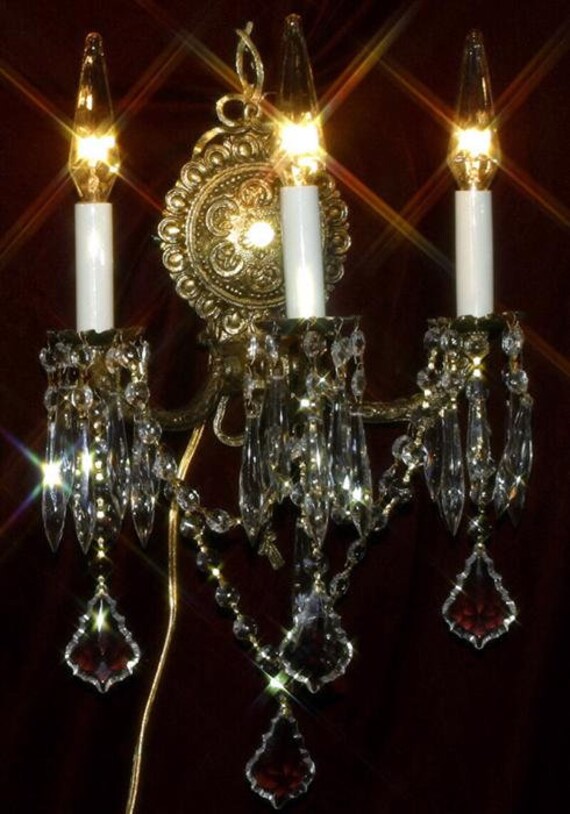 2 Vintage Gilt Bronze Brass Crystal Lamps Bow Sco… - image 2