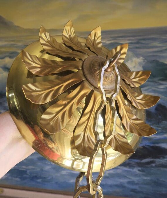 8" Vintage Leaf Tole Brass Canopy Lamp Chandelier… - image 6