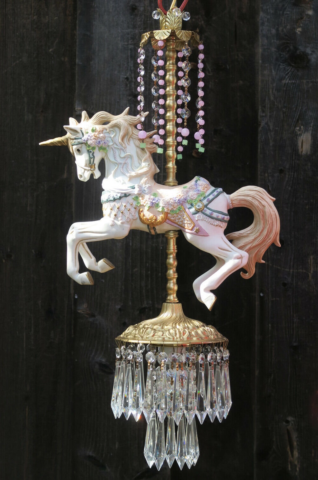 Lg Porcelain Unicorn Magical Carousel Horse Swag Lamp Brass
