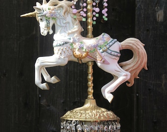 Lg Porcelain Unicorn Magical Carousel Horse Swag Lamp Brass