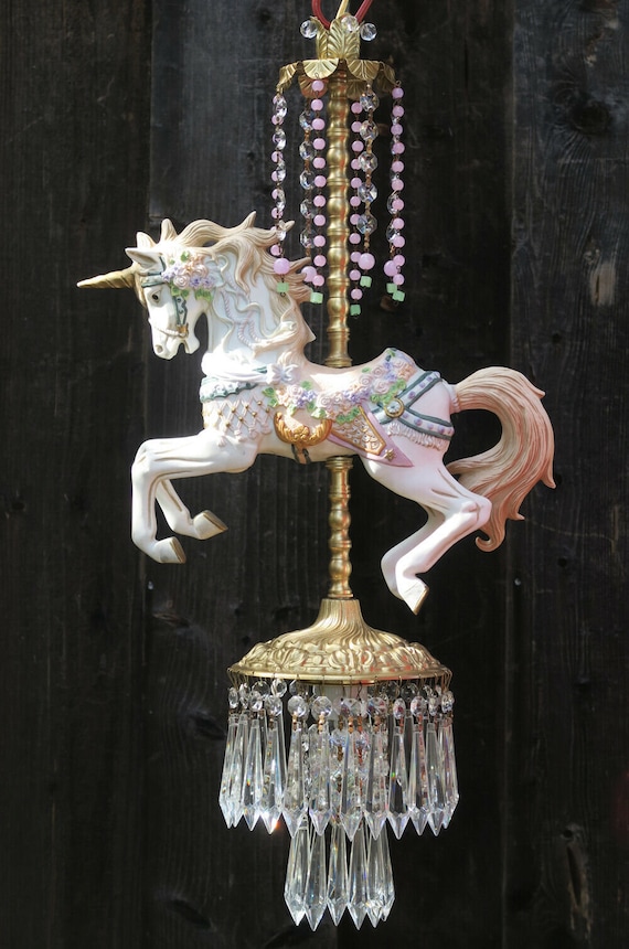 Lg Porcelain Unicorn Magical Carousel Horse Swag Lamp Brass Lg Porcelain Unicorn Magical Carousel Horse Swag Lamp Brass