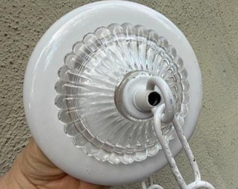 shabby white Canopy 5.5" Ceiling Cap Part Tole with clear Pressed Ribbed Glass Lamp Chandelier