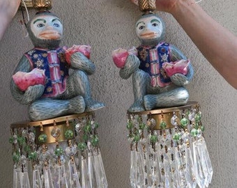 Pair Sconces Brass Vintage Lamp Porcelain Monkey Enamel Green glass beads Crystal Prisms Roses