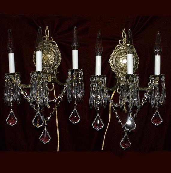 2 Vintage Gilt Bronze Brass Crystal Lamps Bow Sco… - image 3