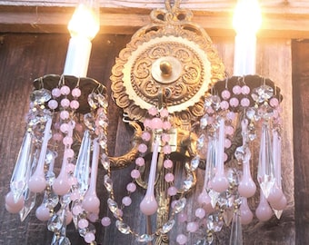 1 single Vintage Crystal Sconce Bronze Brass Lamp Chandelier Rose Pink Opaline Prisms