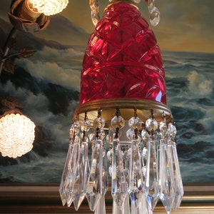 Vintage ruby Lady cupcake glass crystal Brass SWAG lamp chandelier corner light 9 foot cord