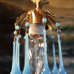 Vintage Brass Hanging Swag Mini Lamp Chandelier Opaline Blue Macaroni Beads