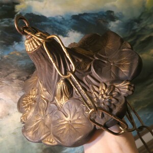 Vintage Canopy Lamp Chandelier Part Brass plated Spelter Lotus Pond Lily Pad leaf Rosette Part 8.25" w chain