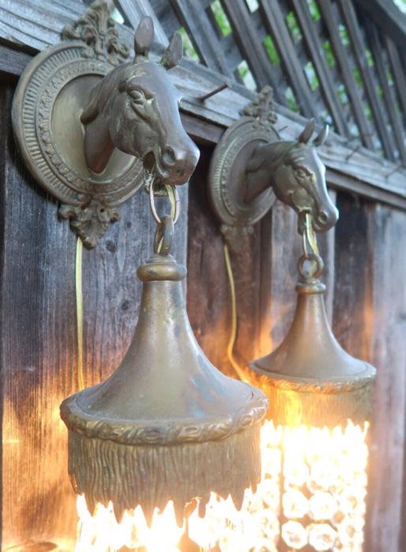 2 Vintage Brass Lamp Sconce Horse Jeweled Lantern 
