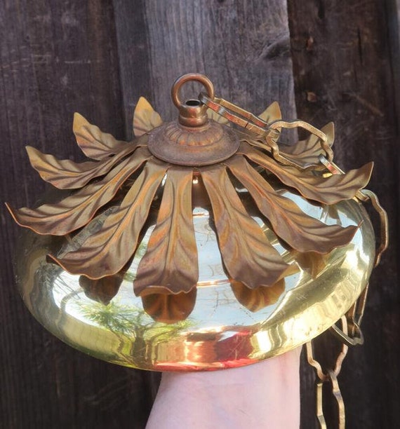 8" Vintage Leaf Tole Brass Canopy Lamp Chandelier… - image 3