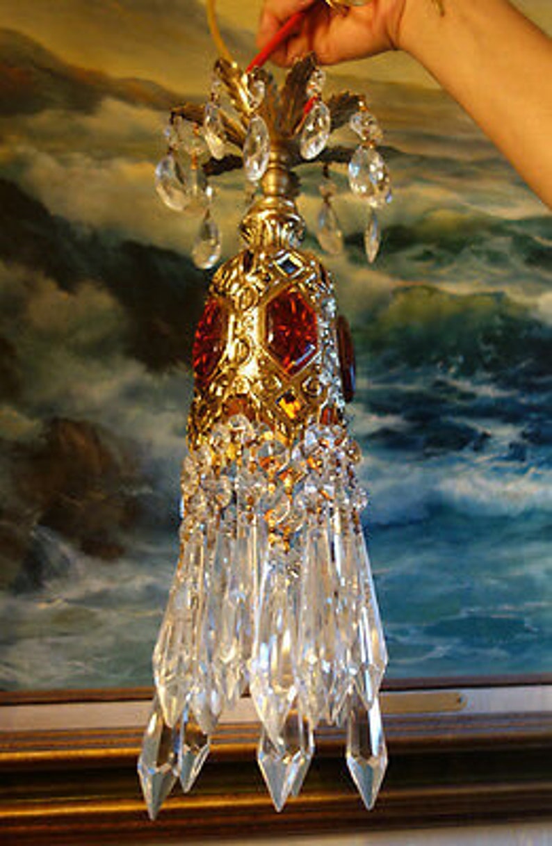 1Of2 Amberina Jeweled Tulip Filigree Swag Crystal Lamp Vintage Etsy