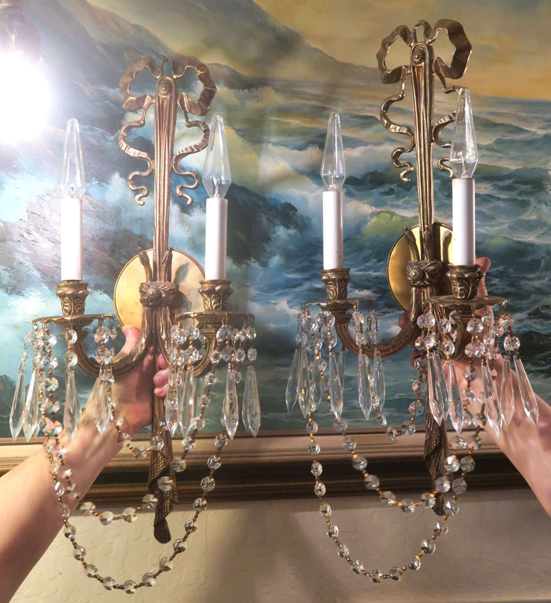 2 Large Vintage Bronze Brass SCONCE Bow Top Tassel Spain