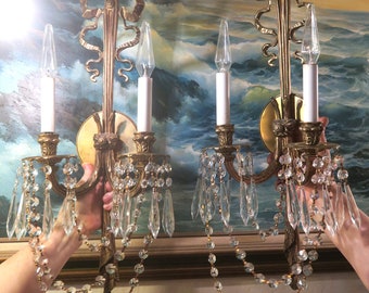 2 Large Vintage Bronze Brass SCONCE Bow Top tassel Spain French crystal prisms swags