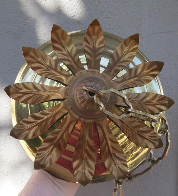 8" Vintage Leaf Tole Brass Canopy Lamp Chandelier… - image 8
