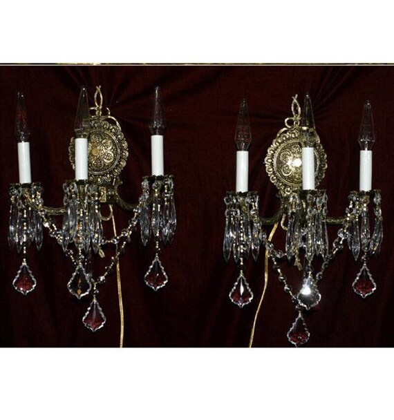 2 Vintage Gilt Bronze Brass Crystal Lamps Bow Sco… - image 5