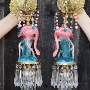 2 Sconce Tropical Pink FLAMINGO Brass vintage lamp Porcelain crystal prisms bead