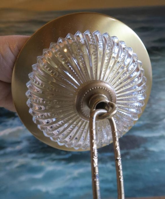 Beaded Ribbed Cut Glass Canopy Ceiling Part Brass Vintage Lamp Chandelier