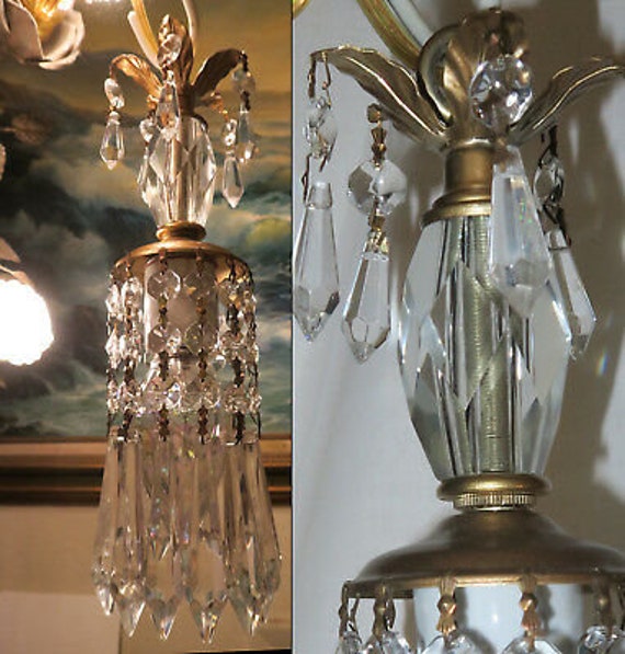 Vintage Clear Crystal Brass Lamp Chandelier Glass Prisms 35 Long