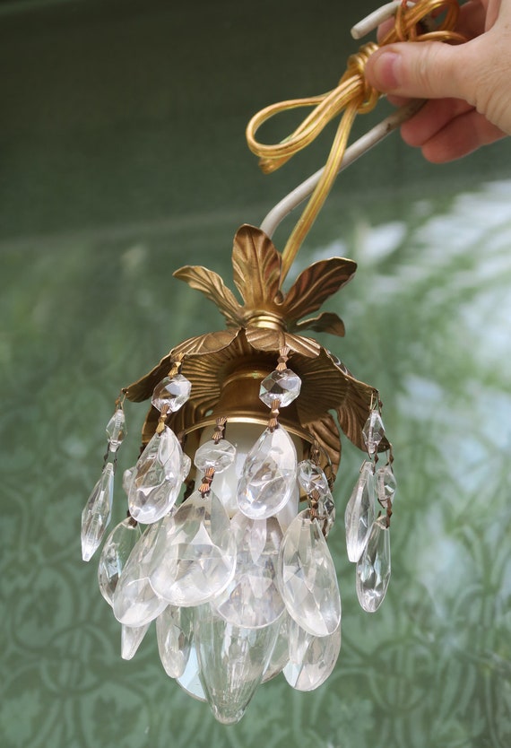 Closet mini hanging flower lantern lamp Chandelier Crystal prism Brass Tole 